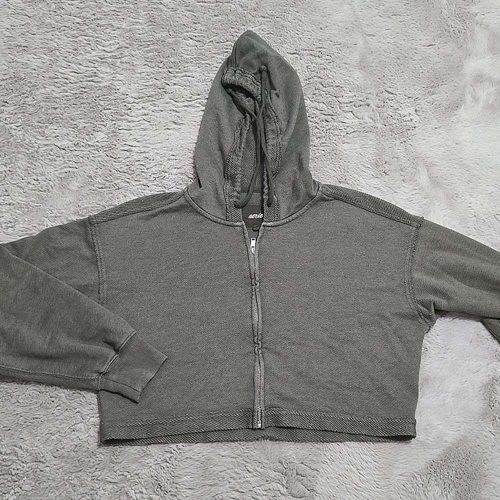 Aerie olive green cropped zip up hoodie jacket size S
